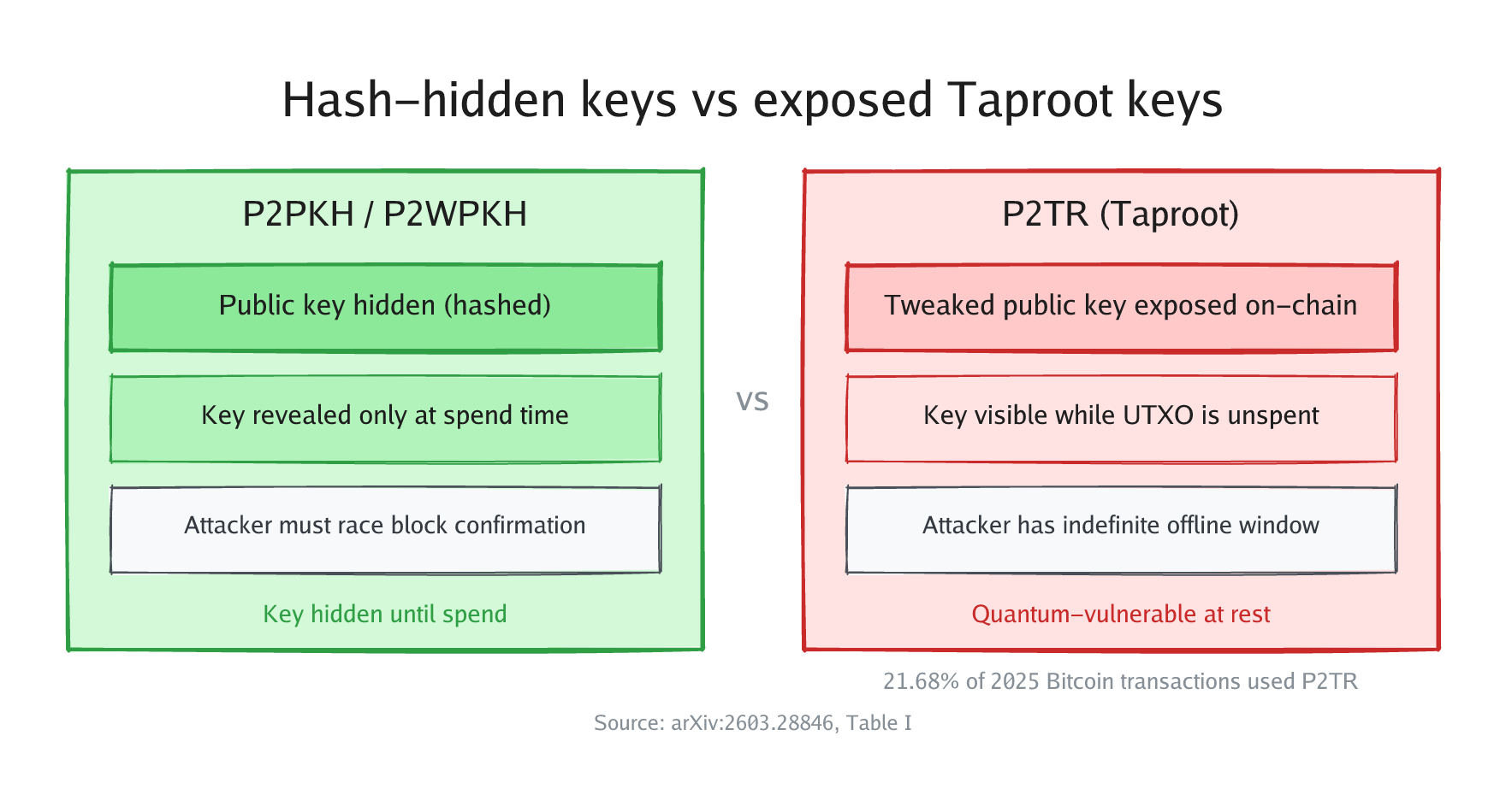 Hash-hidden keys vs exposed Taproot keys. P2PKH and P2WPKH keep the public key hidden until spend time; an attacker must race block confirmation. P2TR (Taproot) exposes the tweaked public key on-chain while the UTXO is unspent, giving an attacker an indefinite offline window. 21.68% of 2025 Bitcoin transactions used P2TR.